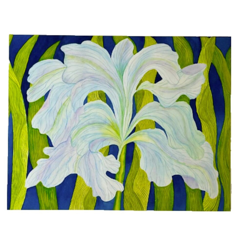PAINTING WATERCOLOR ORIGINAL ART FLOWER IRIS BLUE LAVENDER 11X14 WHITE MAT 16X20
